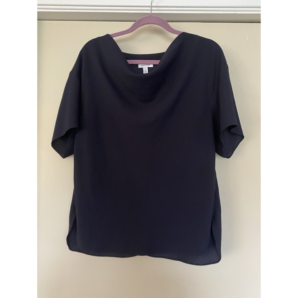 Nordstrom Women's M Navy Short Sleeves Draped Waterfall Neck Blouse